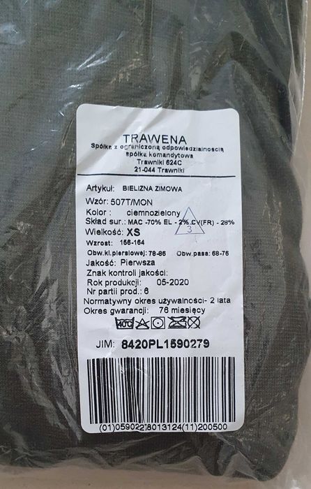 NOWA wojskowa bielizna zimowa w rozmiarze XS wzór 507T/MON
