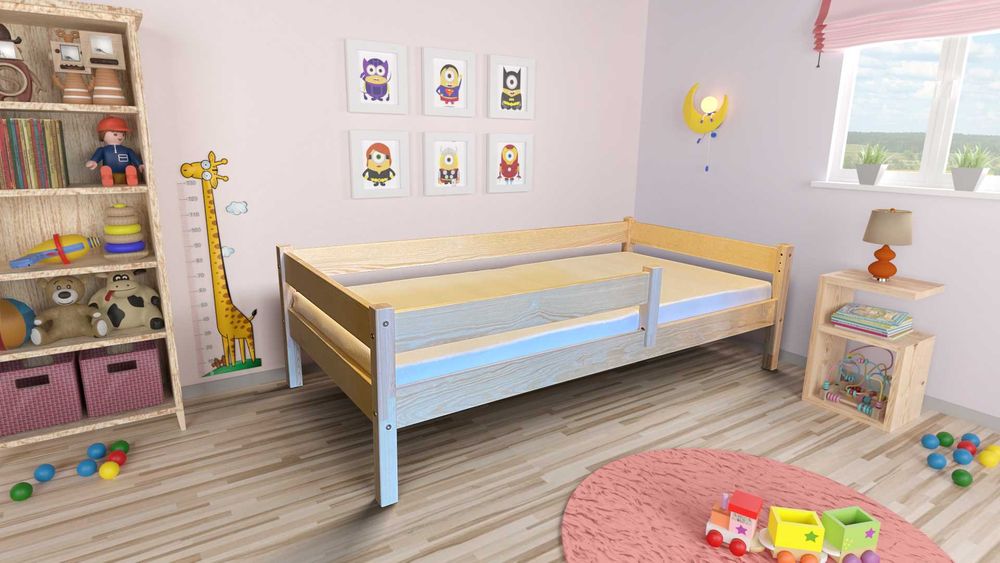 Łóżko dziecięce z barierką drewniane ekologiczne pojedyncze ze stelaze