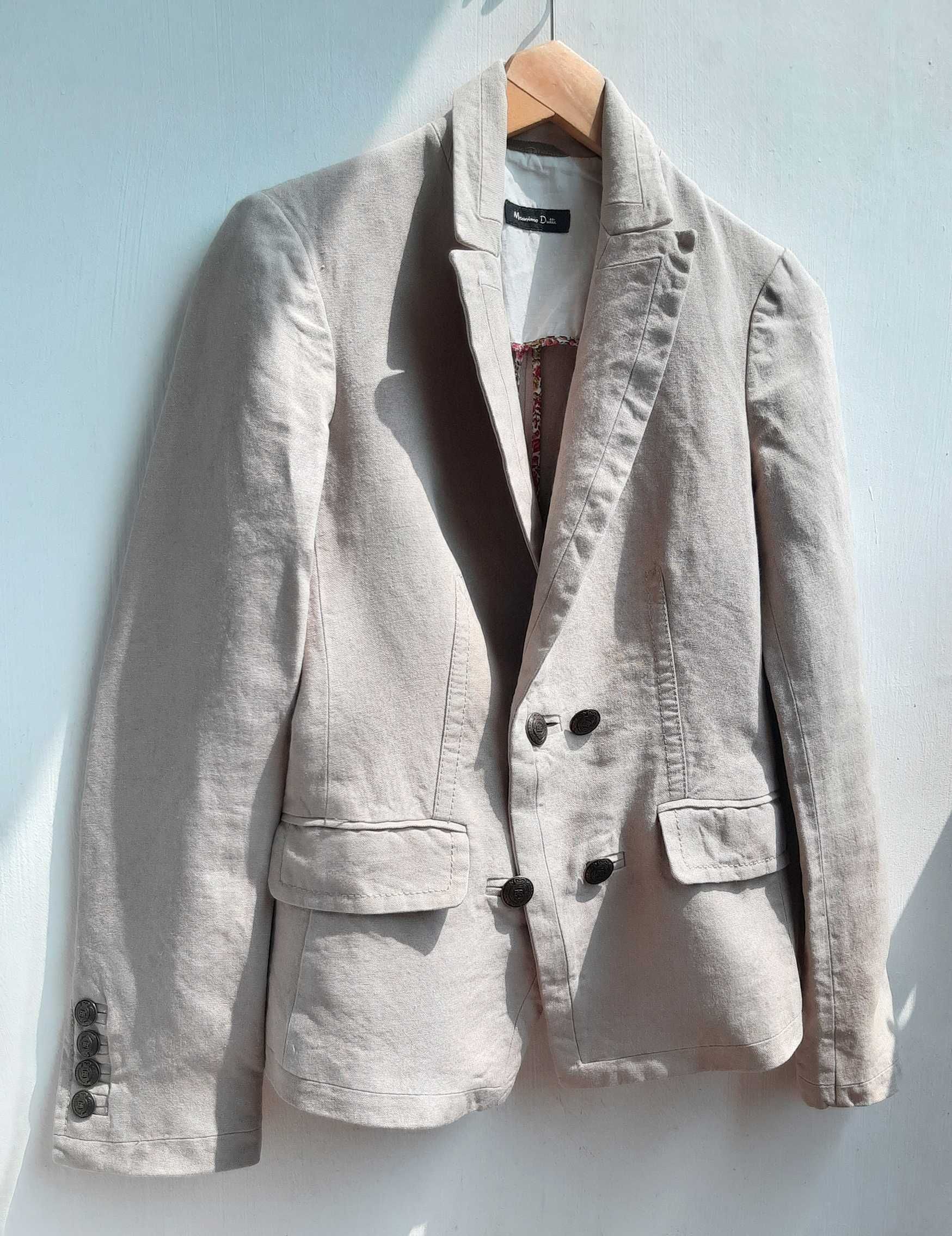 Massimo Dutti lniany dwurzędowy żakiet/ marynarka damska beż r. S