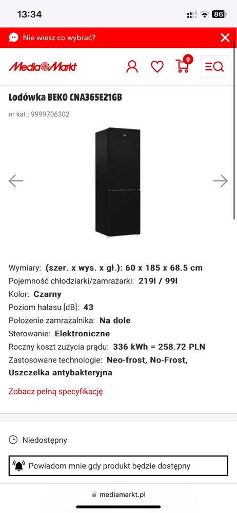 Lodówka Beko CNA365E21GB