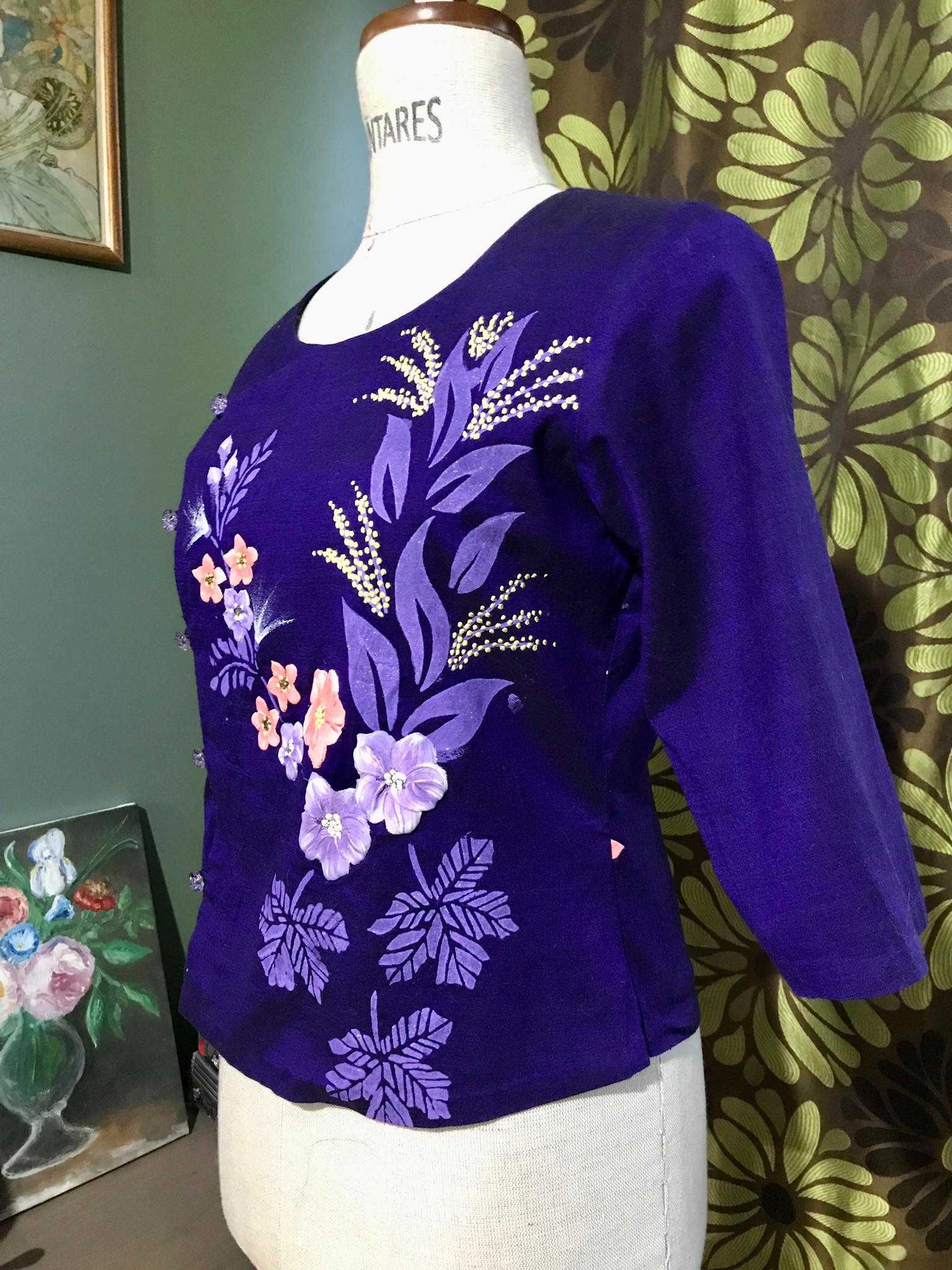 Bawełniana bluzka vintage z ręcznie malowanymi kwiatami lata 50s