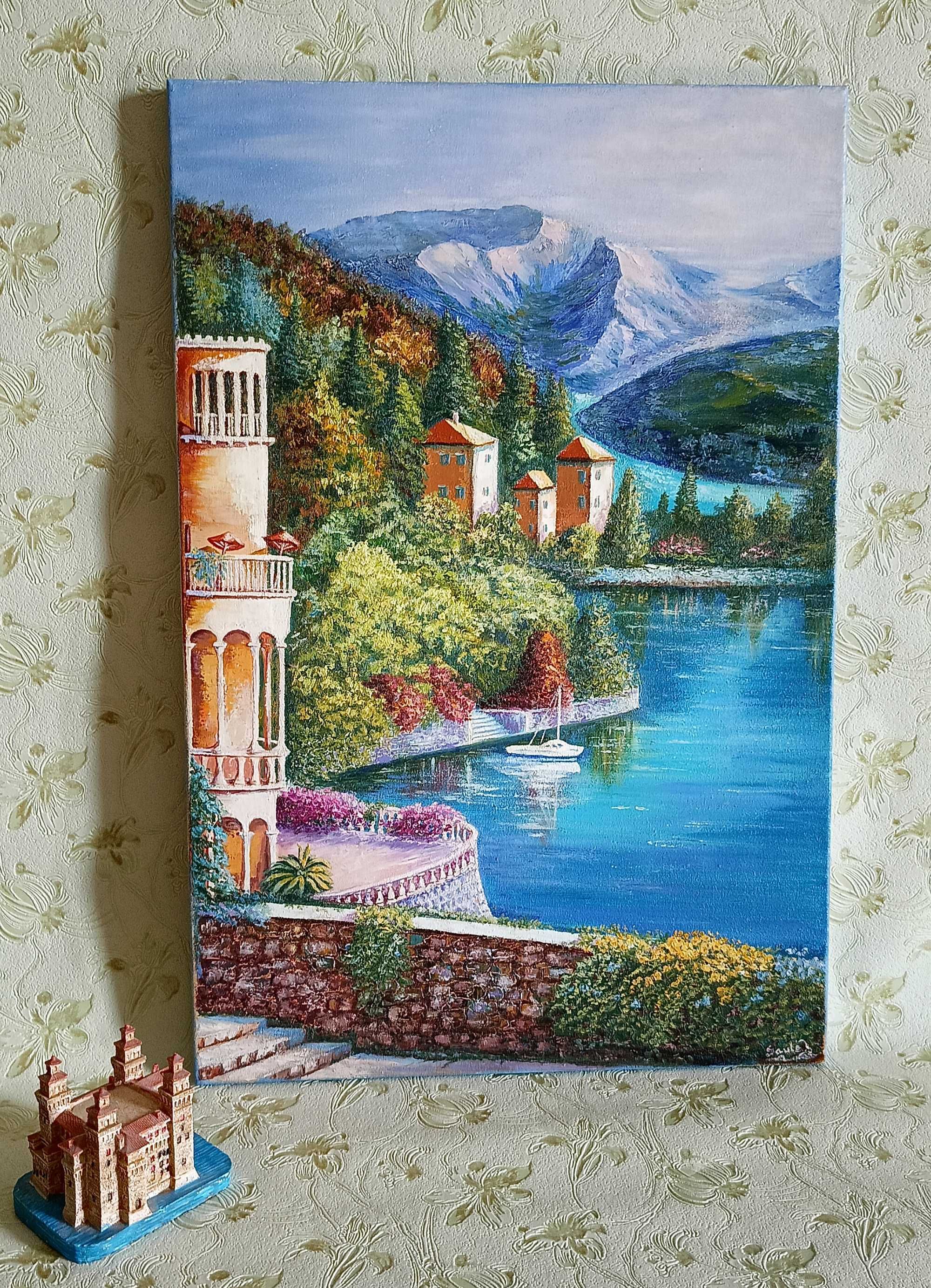 Картина масляными красками Горы Озеро Италия Лето Интерьер Пейзаж