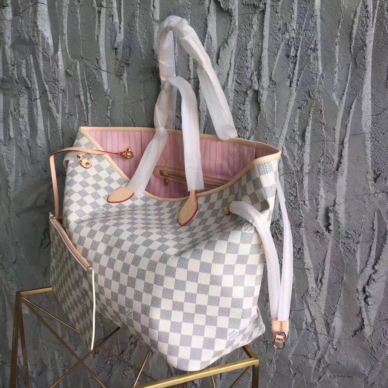 Torebka damska shopper Louis Vuitton Neverfull GM biała kratka skóra