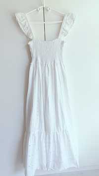 Zara biała bawełniana ażurowa letnia długa sukienka