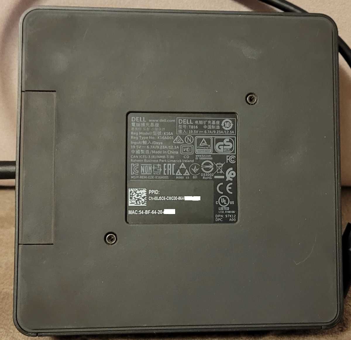 Stacja dokująca DELL model K16A TB16 zasilacz 130W Thunderbolt