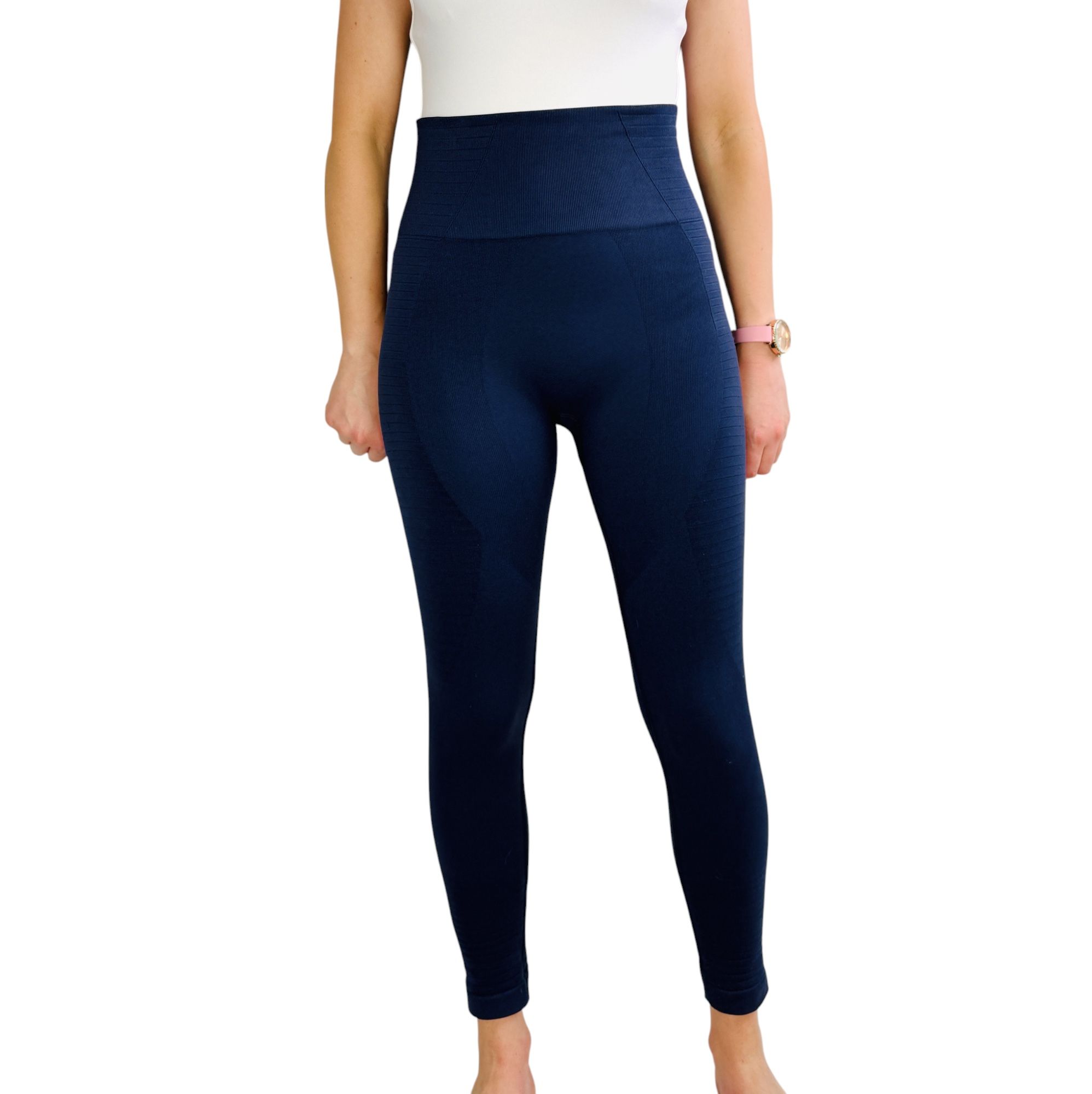 Granatowe sportowe legginsy z wysokim stanem i modelującymi strefami