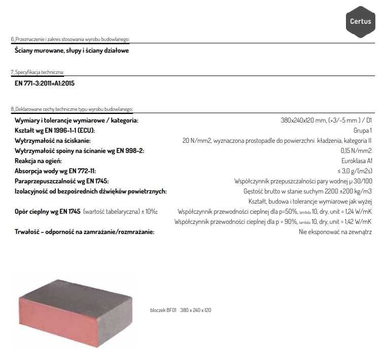 Bloczek Pustak betonowy fundamentowy CERTUS 38x24x12 cm 20Mpa