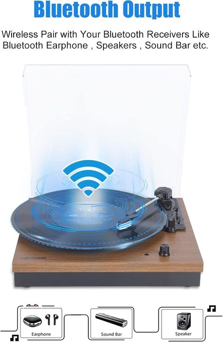 Gramofon z Bluetooth Retro z głośnikami stereo, Auto-Stop, Paskowy