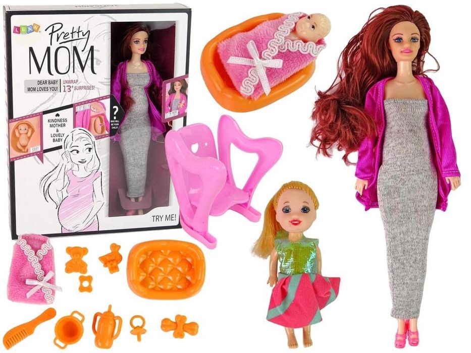 Lalka w ciąży długie włosy, akcesoria pudełko,330x250 mm