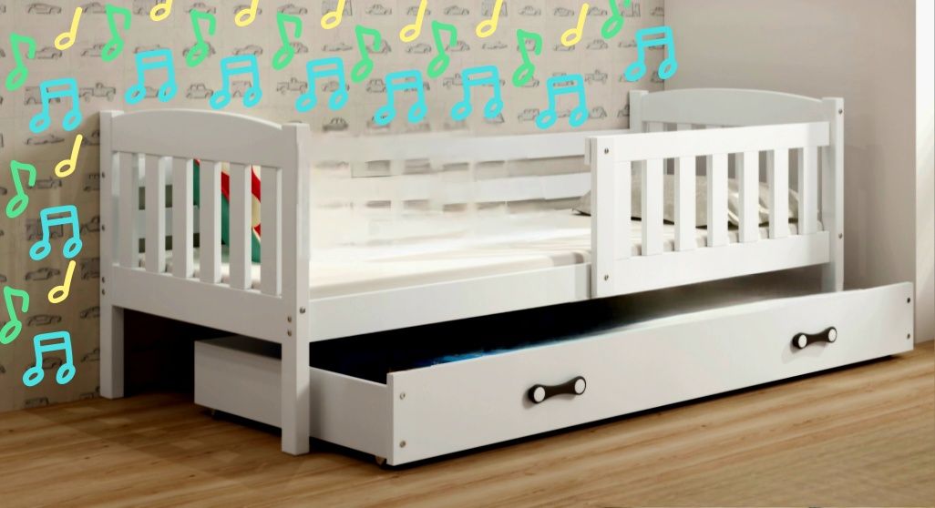 Łóżko dziecięce KUBUŚ 160x80 z barierką szufladą i materacem