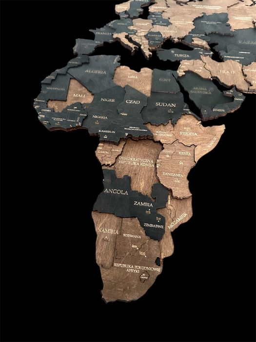 Mapa Świata 3D 210x126cm, czarny i palisander, ozdoba na ścianę