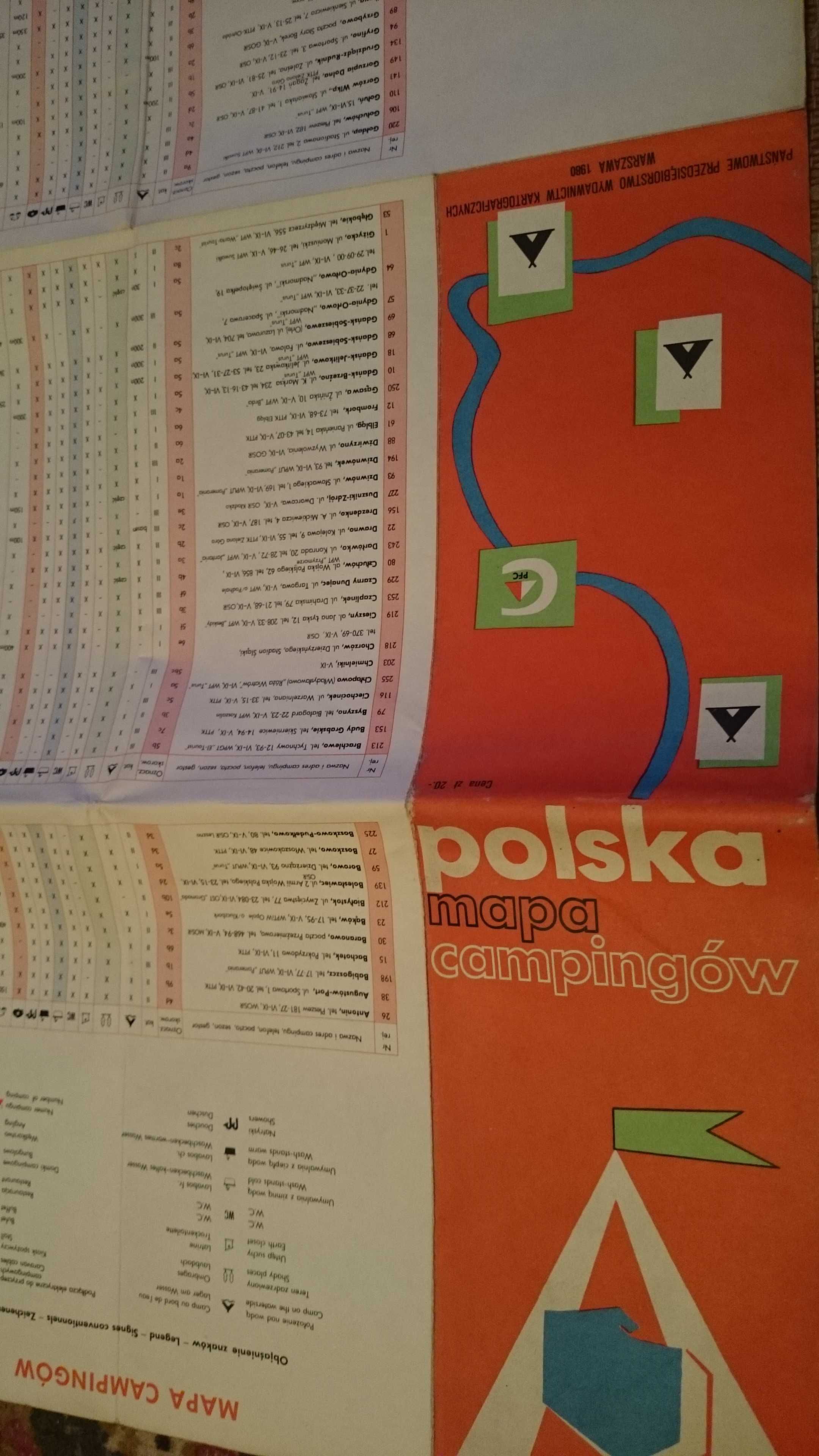 Mapa campingów kampingów kamping Polska z 1980 roku