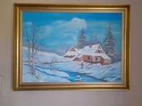 Piękny Obraz-Chata zimą  Bajno, olej na płótnie