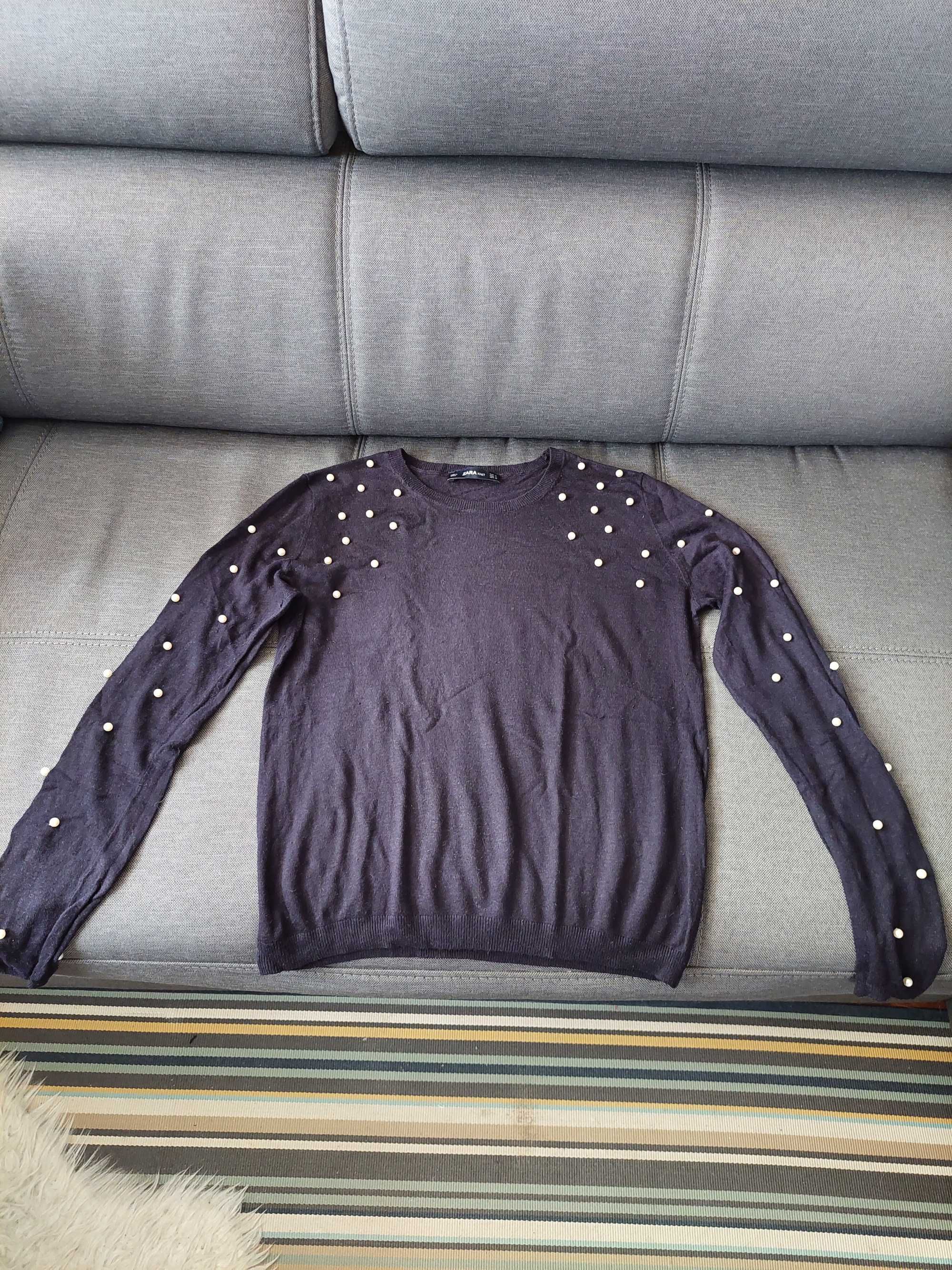*** sweter dzianinowy granatowy z perłami - Zara - rozmiar M ***