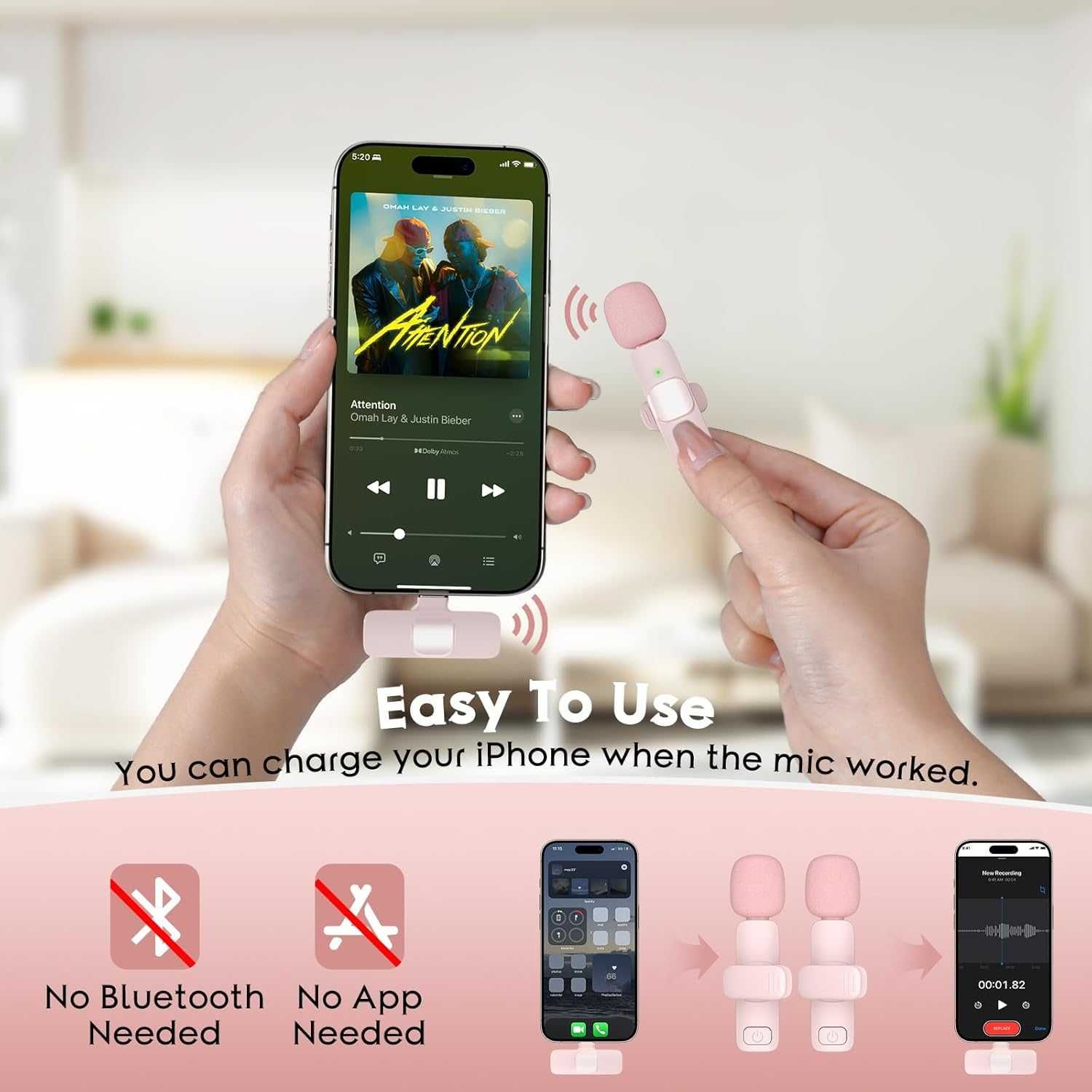 Bezprzewodowy mikrofon Lavalier USB-C + adapter Lightning – Różowy