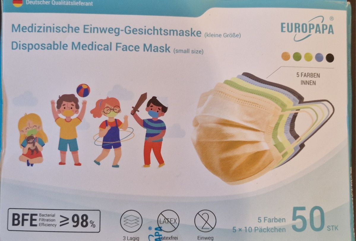 EUROPAPA | 50x maseczki medyczne dziecięce kolorowe
