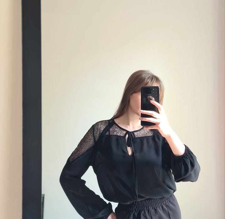 Elegancka czarna szyfonowa bluzka koronka długi rękaw XL/42