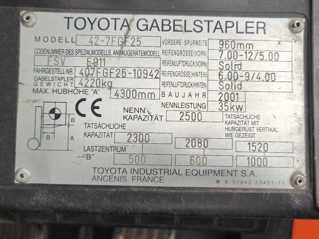Wózek widłowy Toyota 7FG25 Lpg 2.5T Triplex 4.3m z Niemiec Wolny Skok