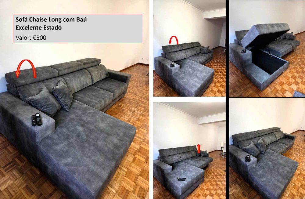 Sofá Chaise Long com Baú – Excelente Estado