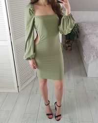 Prettylittlething sukienka z wycięciami bufki oliwkowa zielona S 36