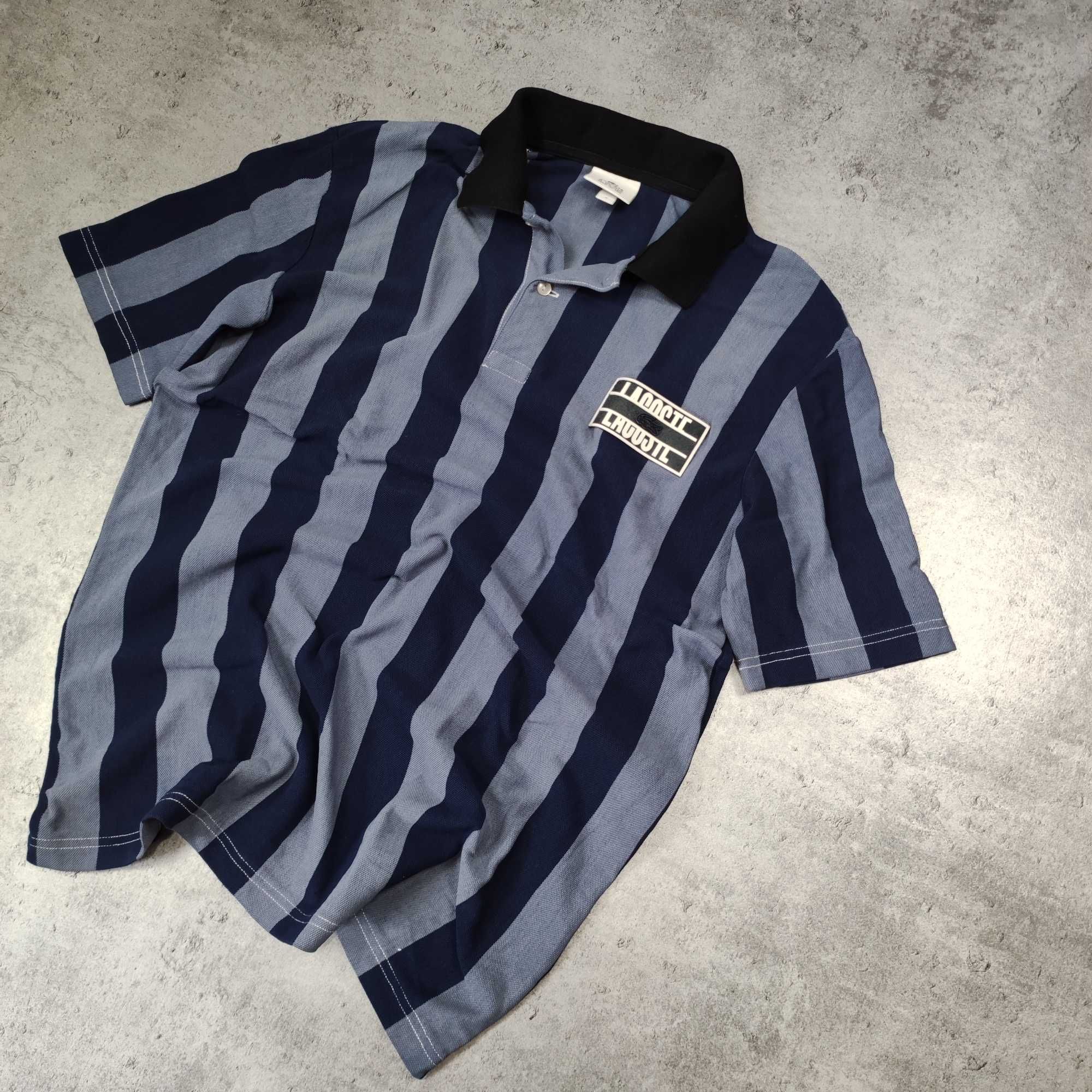 MĘSKA Koszulka Polo Elegancka Paski Kołnierzyk Lacoste Paris Duże Logo