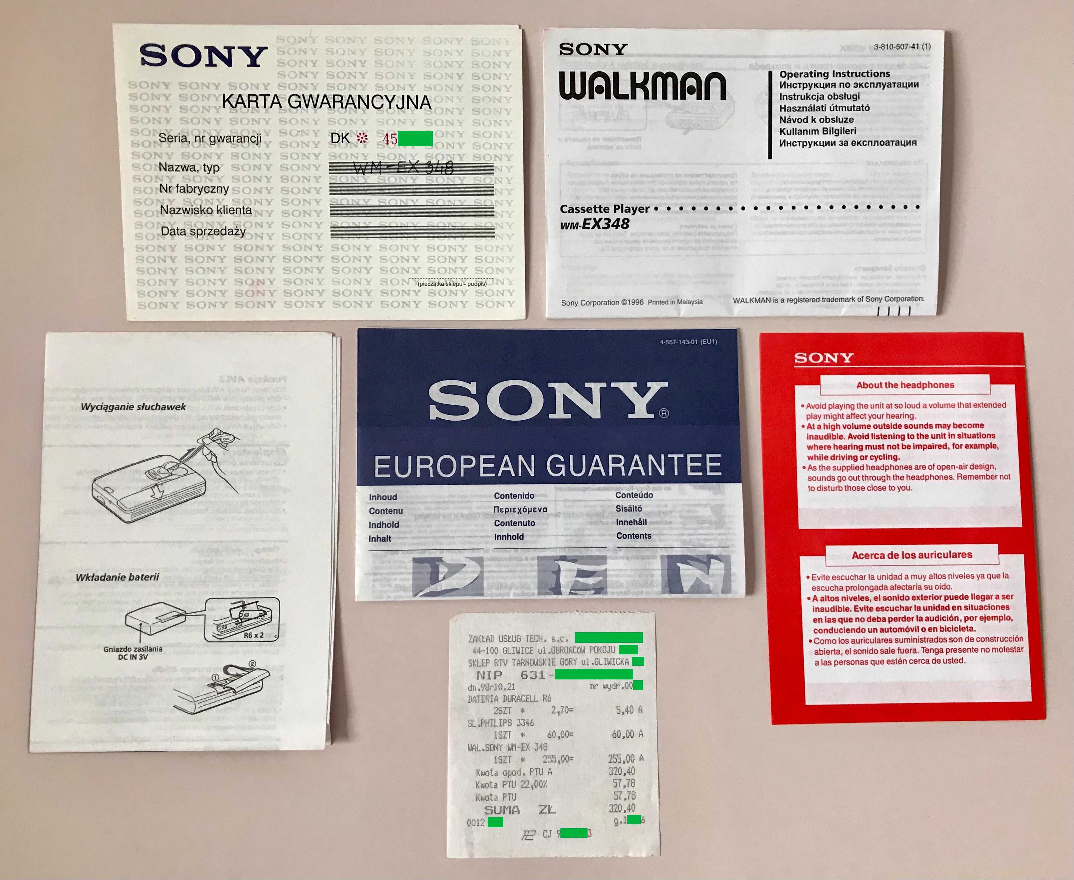 Dokumentacja Walkman Sony WM-EX348, kompletny oryginał 1998 rok. Stan!