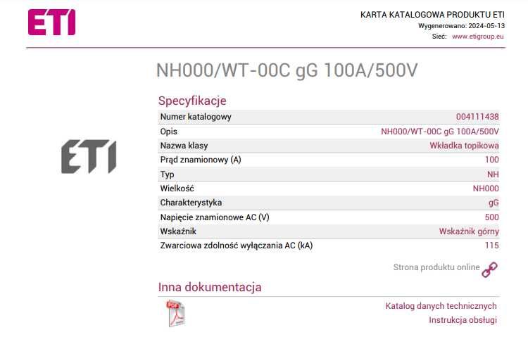 ETI Wkładka topikowa NH000/WT-00C gG 100A/500V. 3 Sztuki.