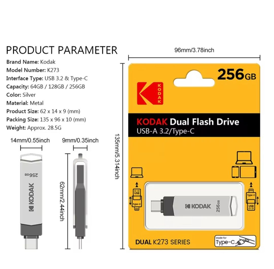 Продам оригинальную флешку Kodak 256Gb, 2 в 1 usb 3.2/type-C..