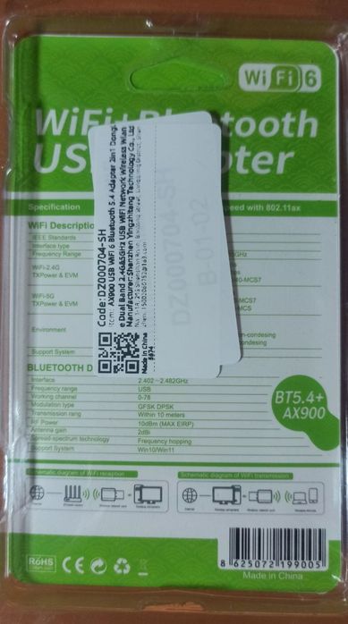 Bluetooth 5.4 + WiFi 6 AX900 2-в-1 (USB адаптер)