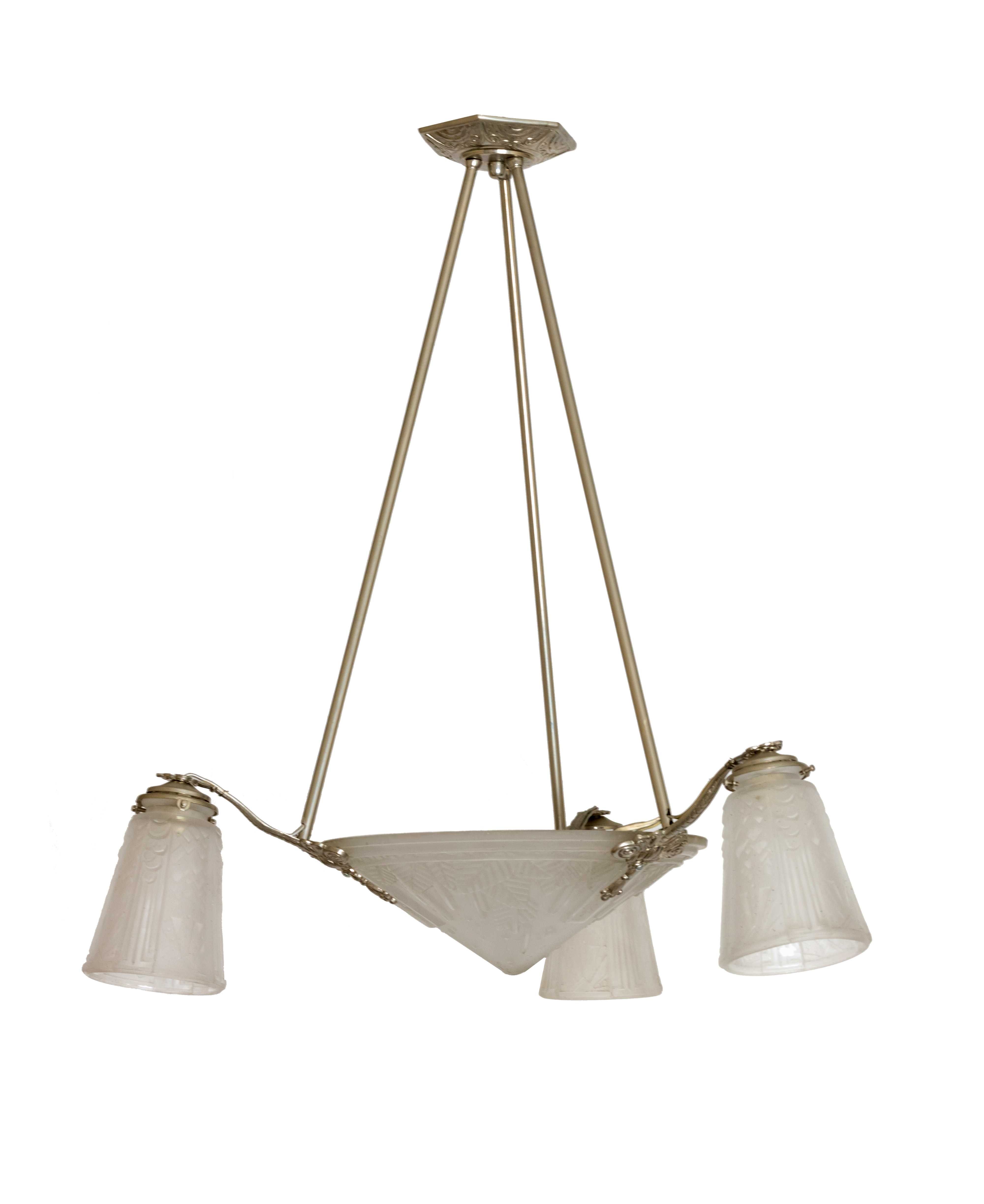 Lustre Muller Fréres vidro niquelado | Art Deco