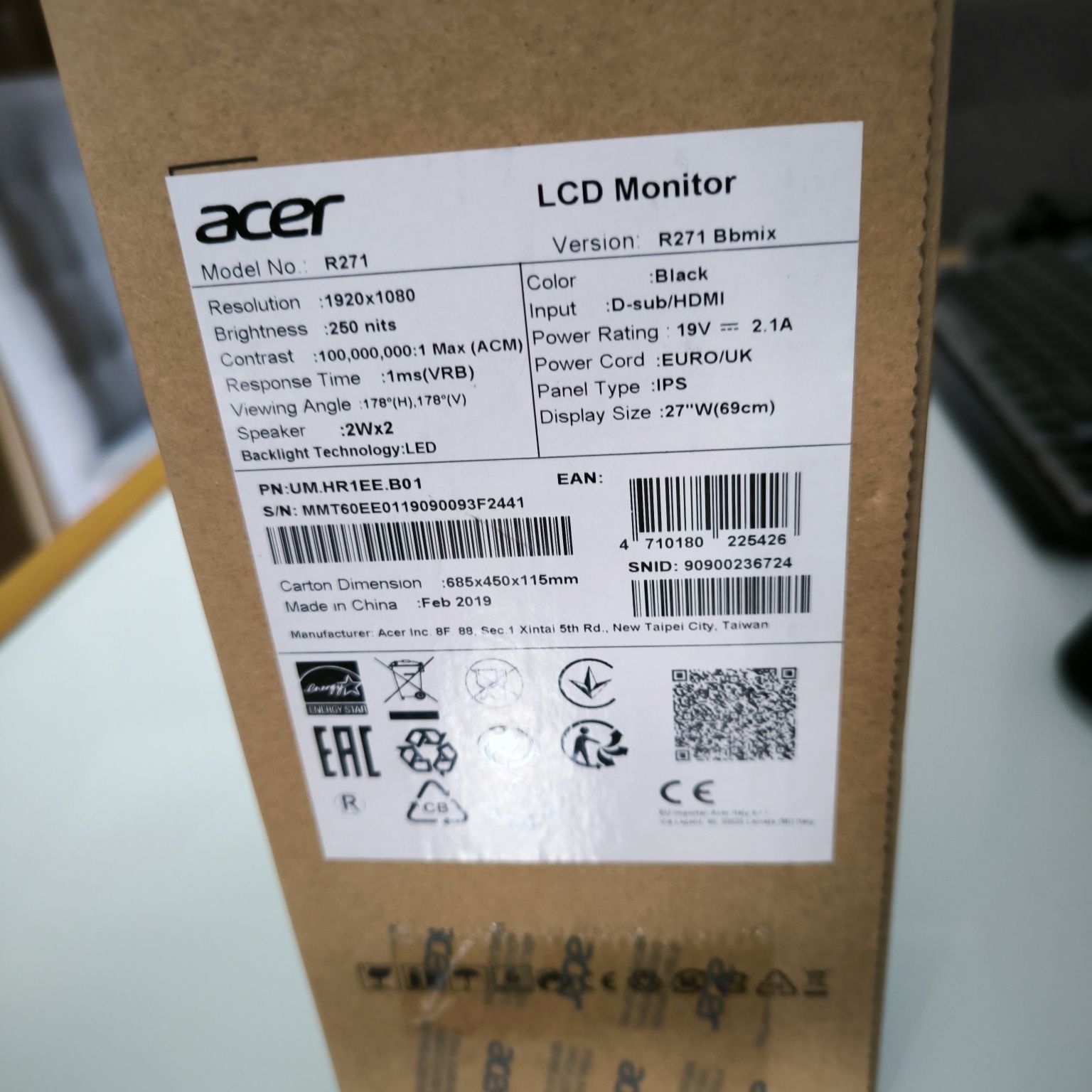 Monitor Acer LCD R271 Bbmix 27 cali