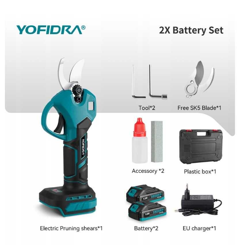 Sekator elektryczny marki Yofidra + 2x bateria 18V + ładowarka