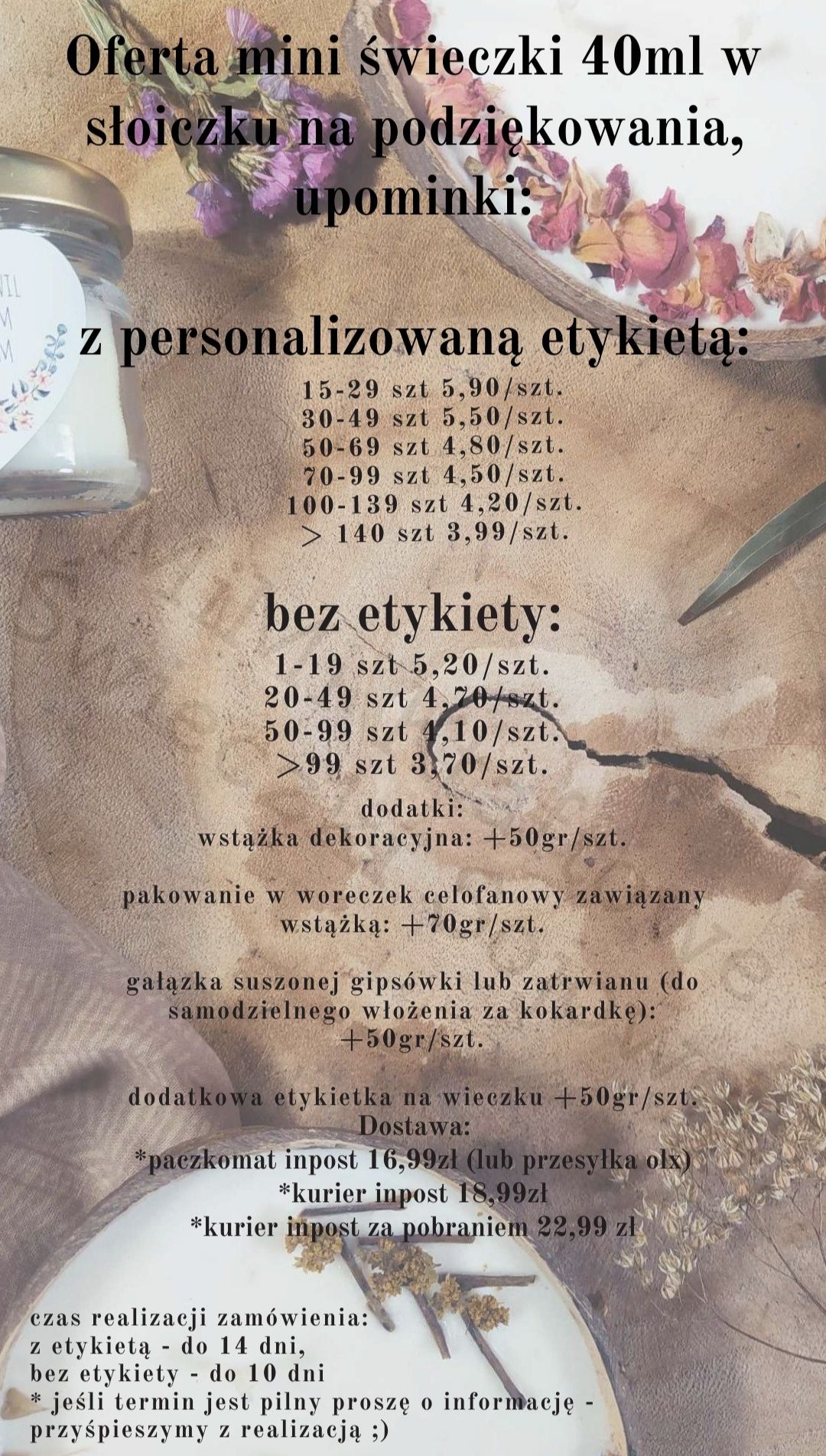 Świeczki podziękowania dla gości ślub wesele Komunia Święta Chrzest