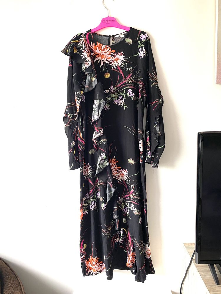 H&M dluga sukienka kwiaty wzory falbanki wiskoza midi prosta