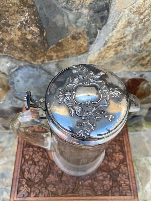 Jarro vidro Séc XIX Tampa prata Portuguesa Javali 31 cm