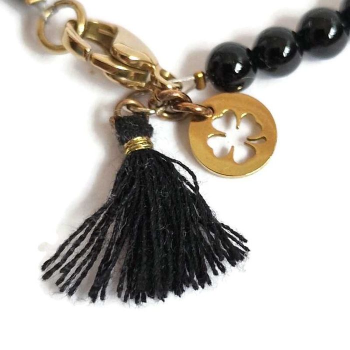 Bransoletka z kamieni onyks czarna z perłą stal złota koniczna chwost