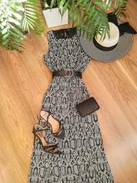 Wężowa maxi sukienka z rozcięciem długa elegancka koktajlowa