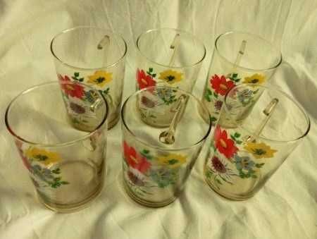 Szklanki z uszkiem kompotierki malowane kwiaty komplet zestaw PRL