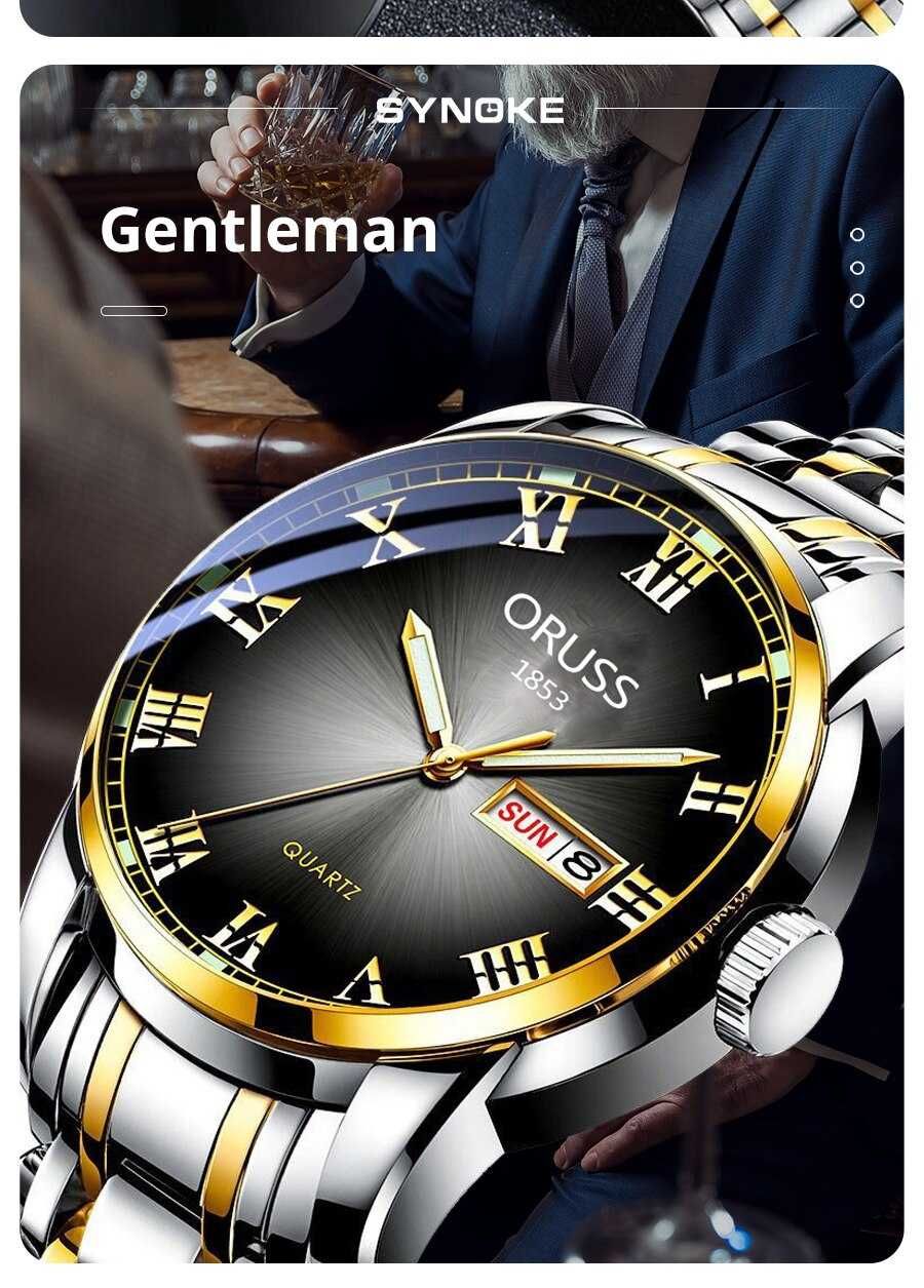 Męski zegarek kwarcowy klasyczny 41mm srebrno złoty datownik pudełko