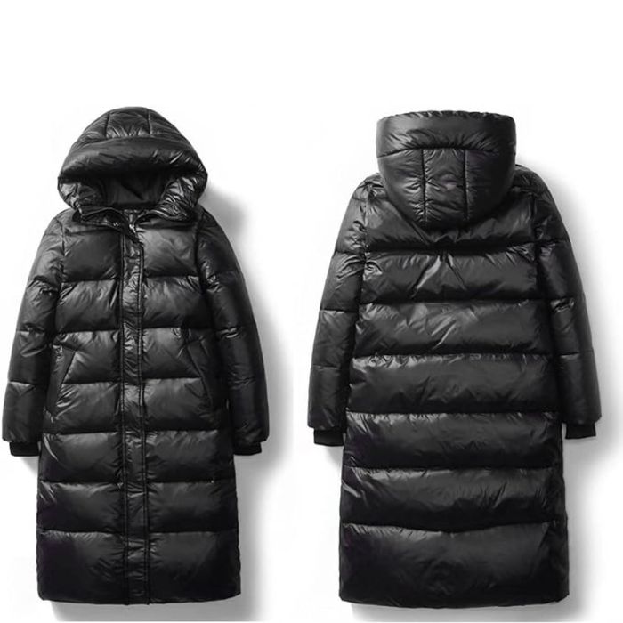 Długa pikowana kurtka z kapturem czarna wodoodporna XXL