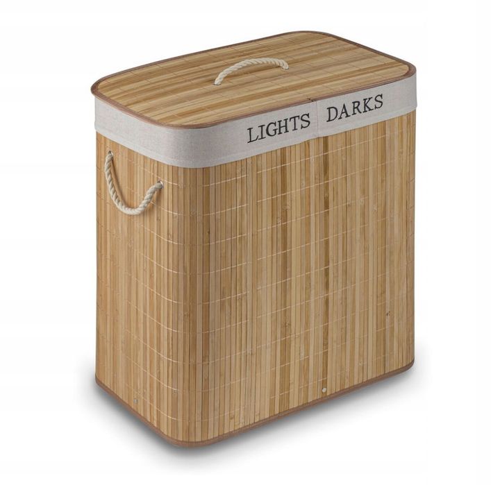 Kosz na pranie bieliznę bambusowy dwukomorowy z pokrywą pojemny 105L