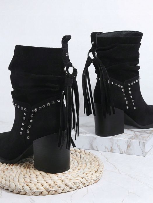 Kowbojki Zamszowe Z Cyrkoniami Wsuwane Czarne Shein Eur 37