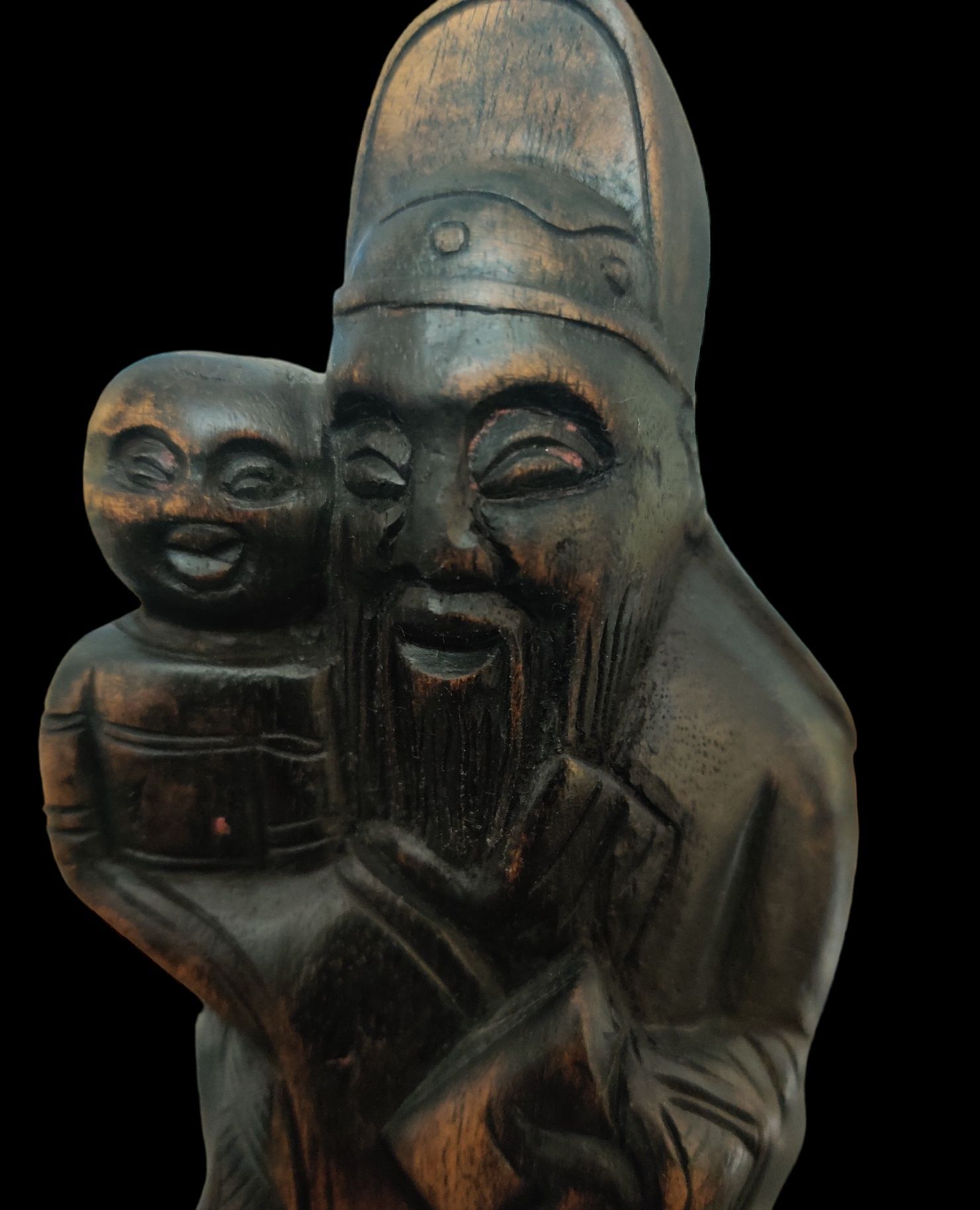 Drewniana figurka chińskiego bóstwa szcześcia Fuxing. Fu Lu Shou.