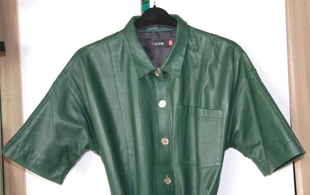 ochnik skora skórzana sukienka koszula szmizjerka zielona xs 34 36 s