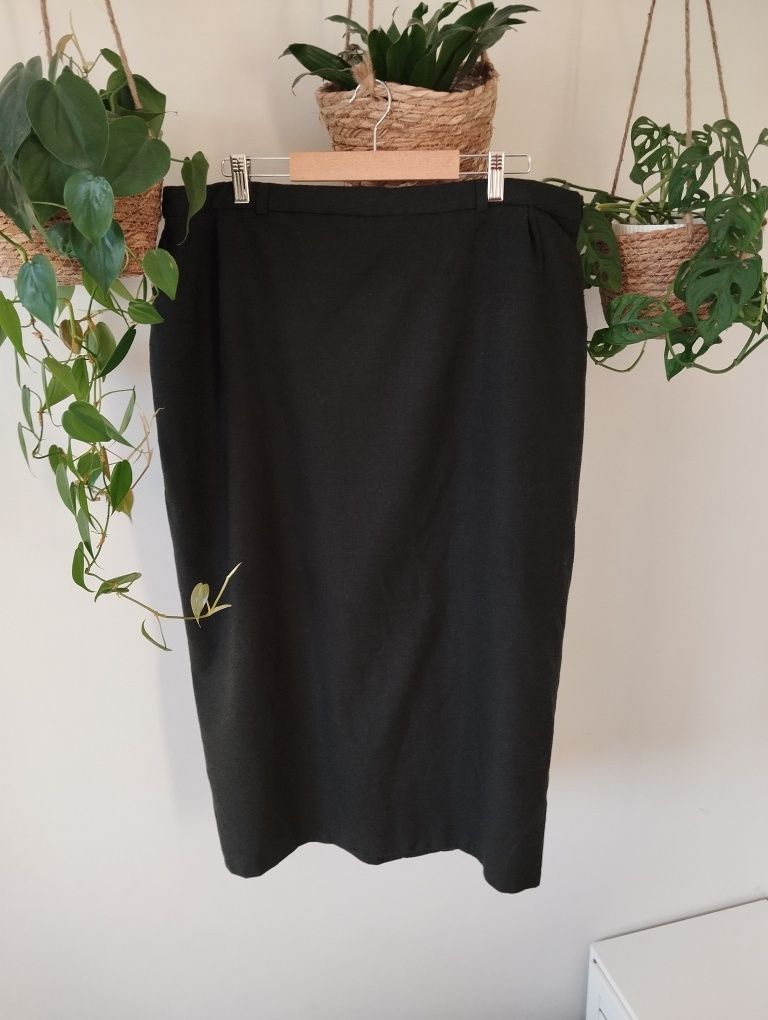 Prosta spódnica midi, wełniana, ciepła, khaki, ciemnozielona, plussize