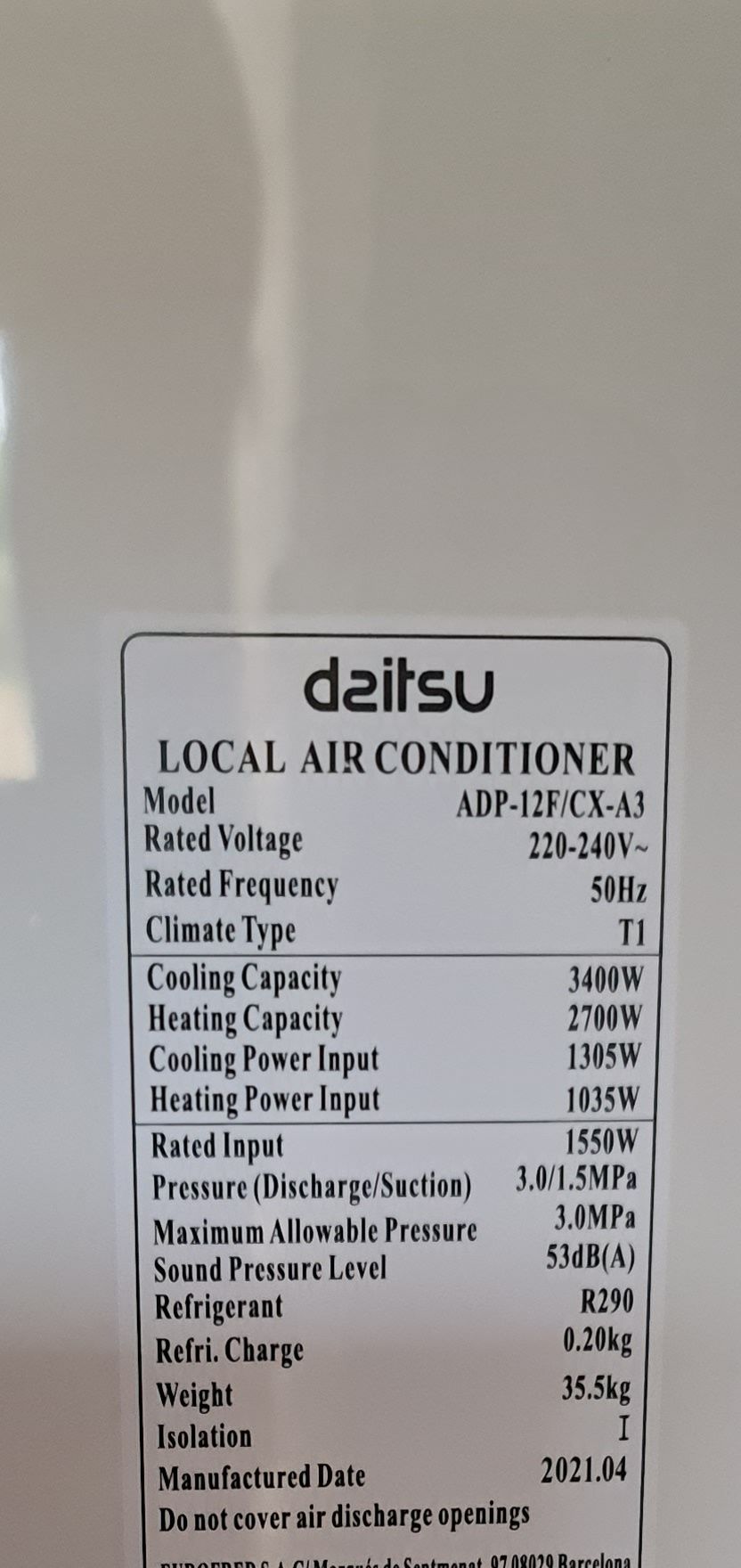 Ar condicionado portátil Daitsu APD 12 FCX