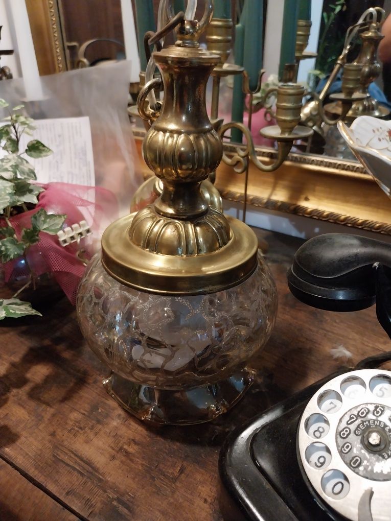 Antyk stara lampa na prąd mosiądz 130lat  szklany klosz  retro vintage
