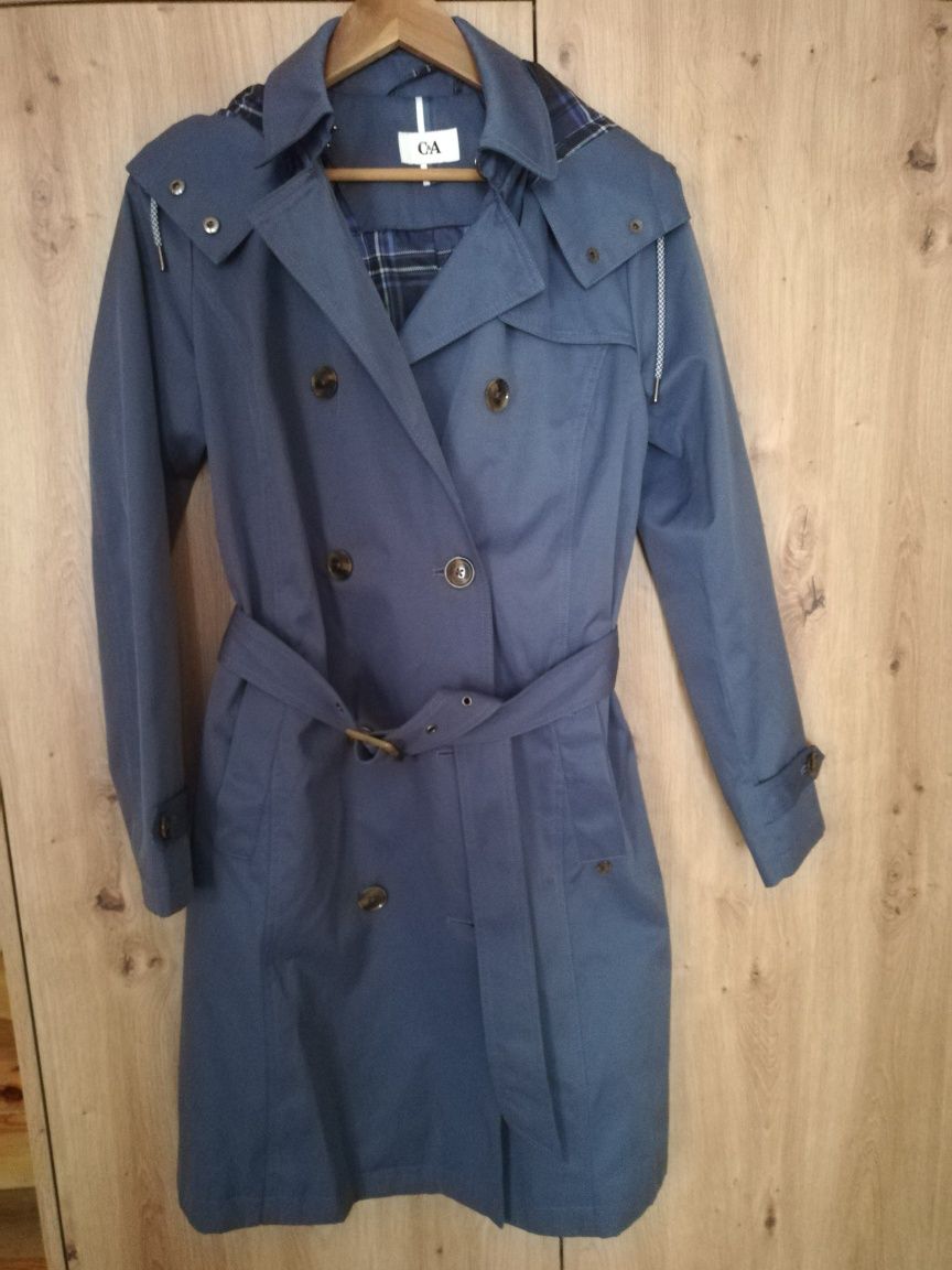 Trencz płaszcz wiosenny z kapturem 38 C&A jasno granatowy, niebieski