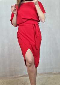 Czerwona elegancka sukienka, M/L, wiązana,  krótki rękaw