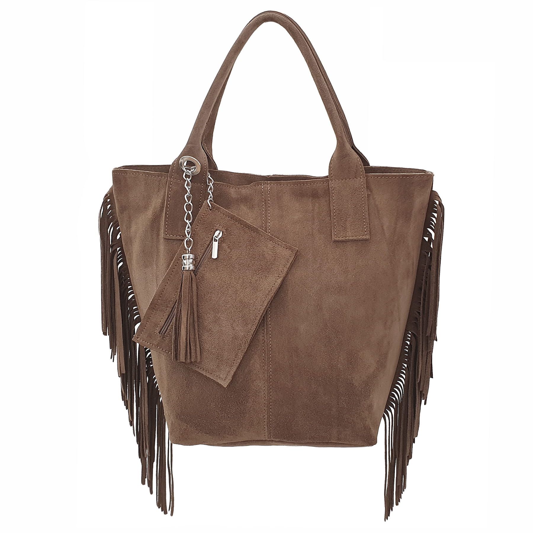 VERA PELLE torebka damska zamszowa shopper z frędzlami V460 taupe